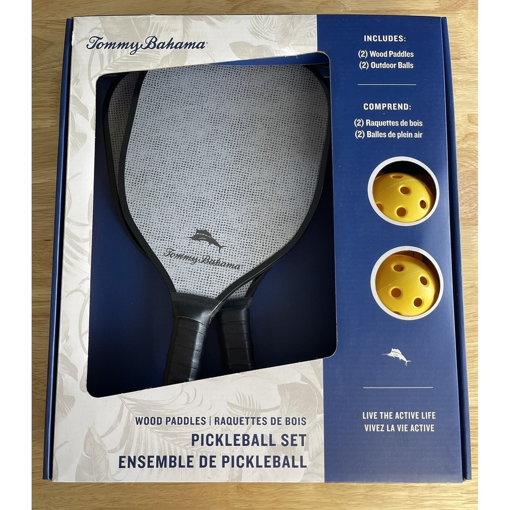 NEW Tommy Bahama Pickleball Set 2-Gray‎ Wooden Paddles 2-Yellow Game Balls